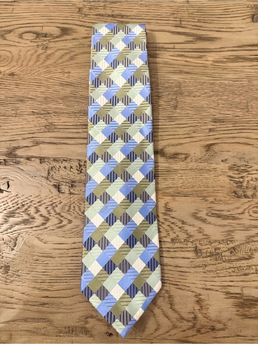 Geoffrey Beene Blue, Light Green and Cream Geometric Silk Tie